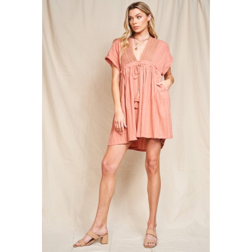 SOLD OUT Clay Cover Up Style Crochet Boho Swingy Dress w/ Tassel Trim Tie Casual - Picture 3 of 8